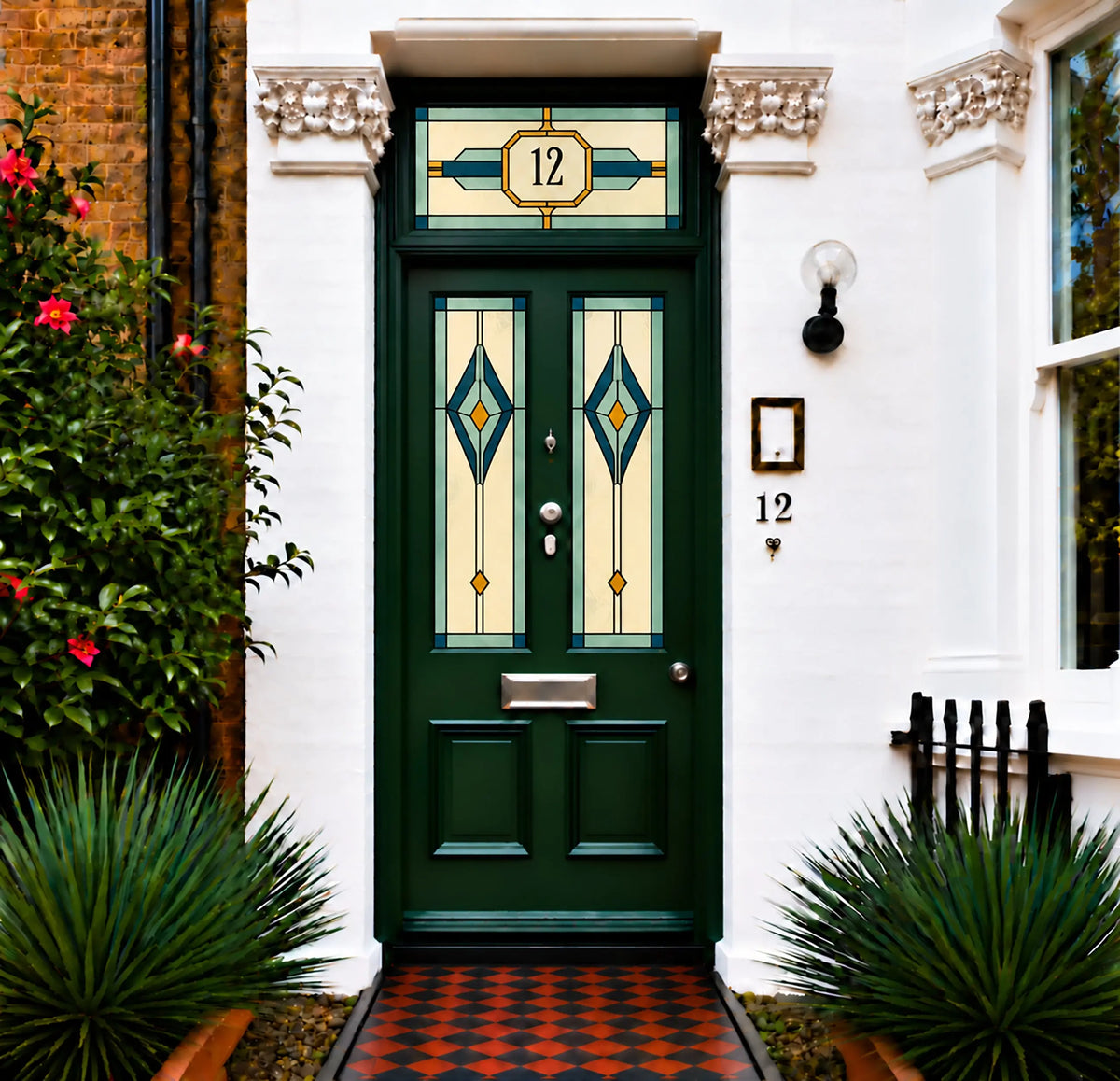 Privacy Window Film Art Deco Teal Diamond Door Panels and Transom