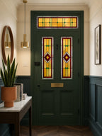 Made-to-measure Art Deco window film creating the look of traditional stained glass on a front door entrance.