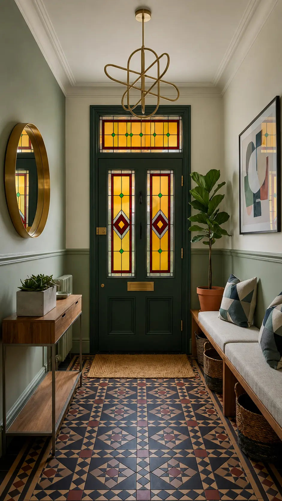 Front door stained glass window film featuring an Art Deco geometric design in amber, ruby red and emerald green.