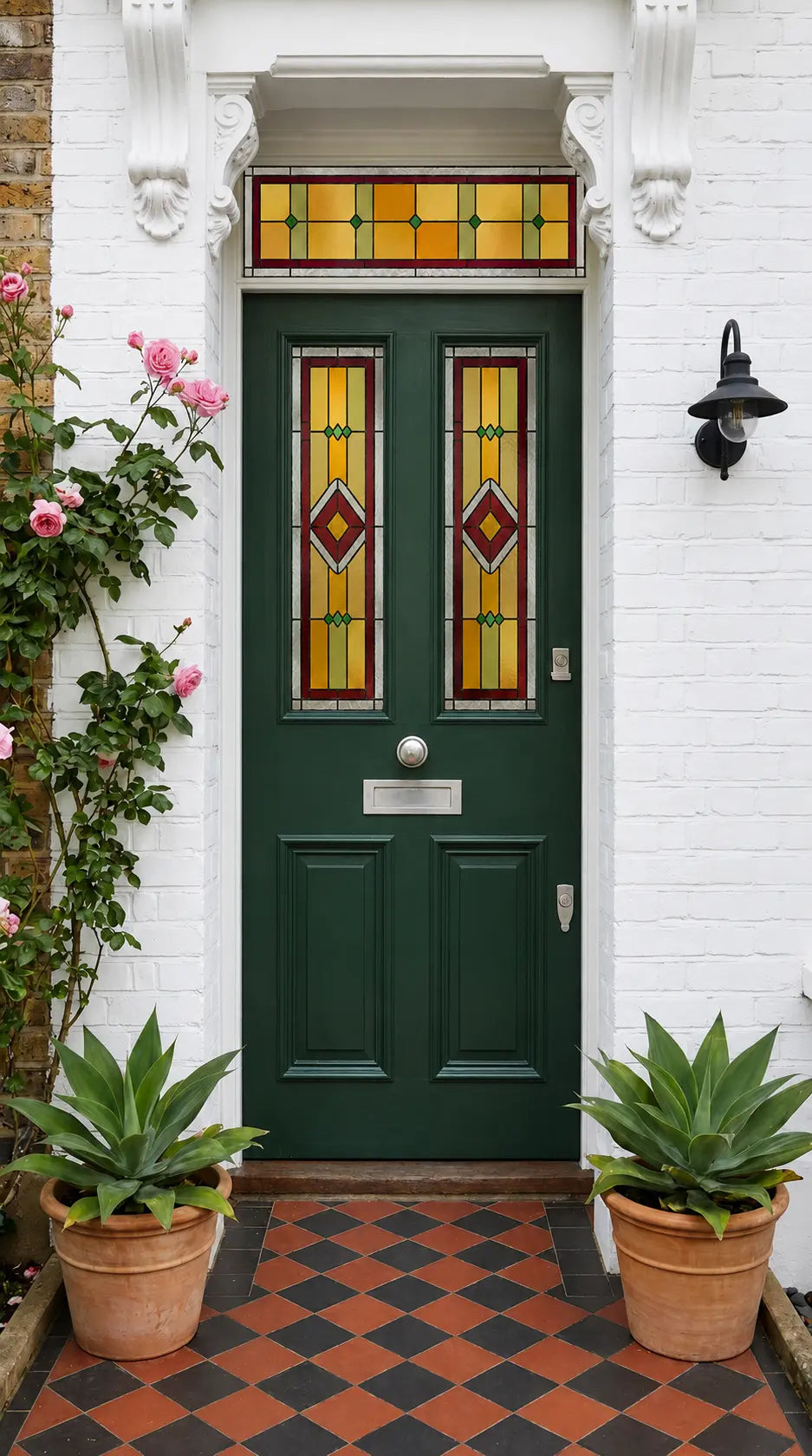 Decorative privacy window film with an Art Deco stained glass pattern installed on a front door with matching transom.