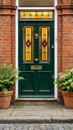 Decorative stained glass window film fitted to a dark green front door with coordinated side panels and transom.