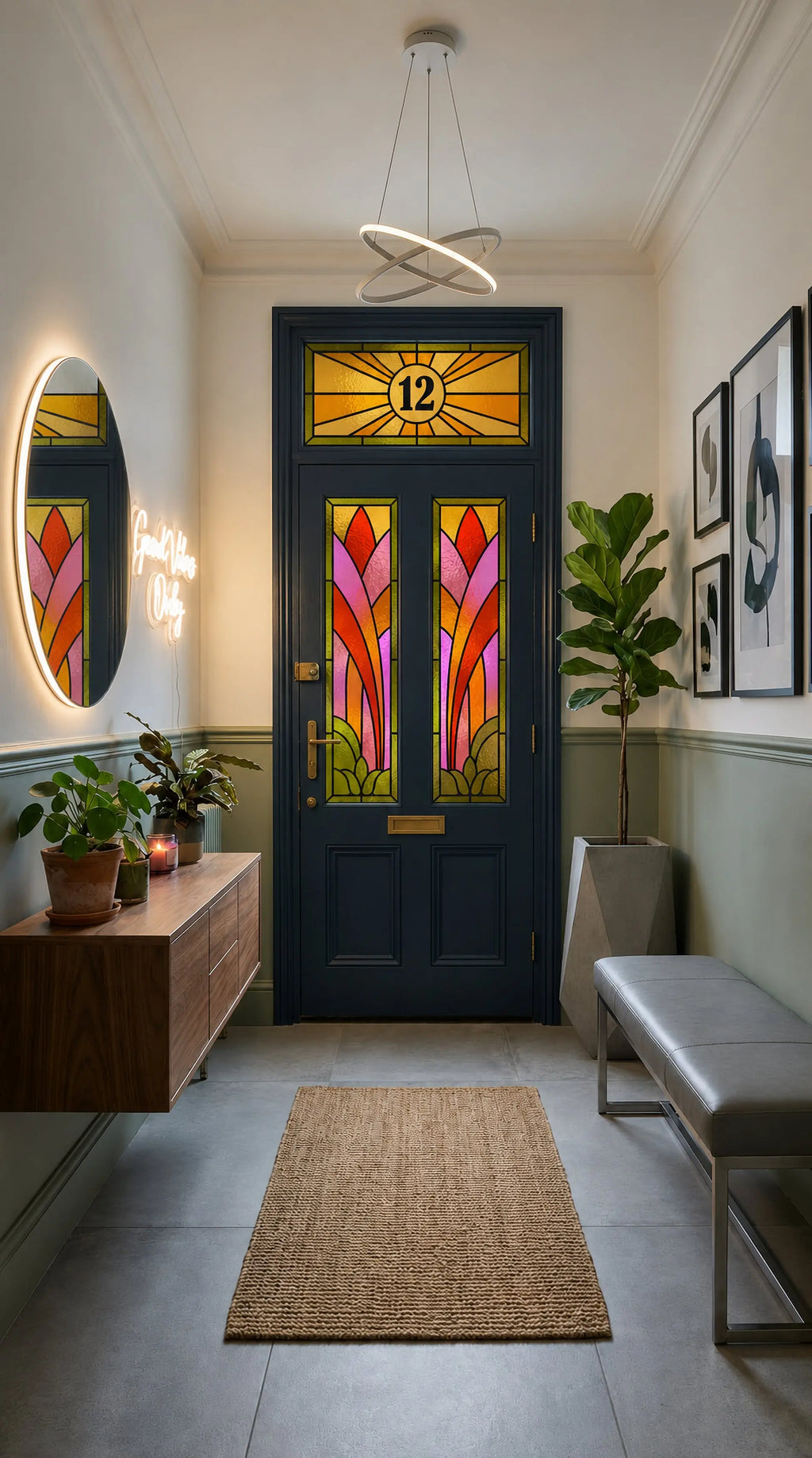 Art Deco Flame Stained Glass Front Door Window Film Set