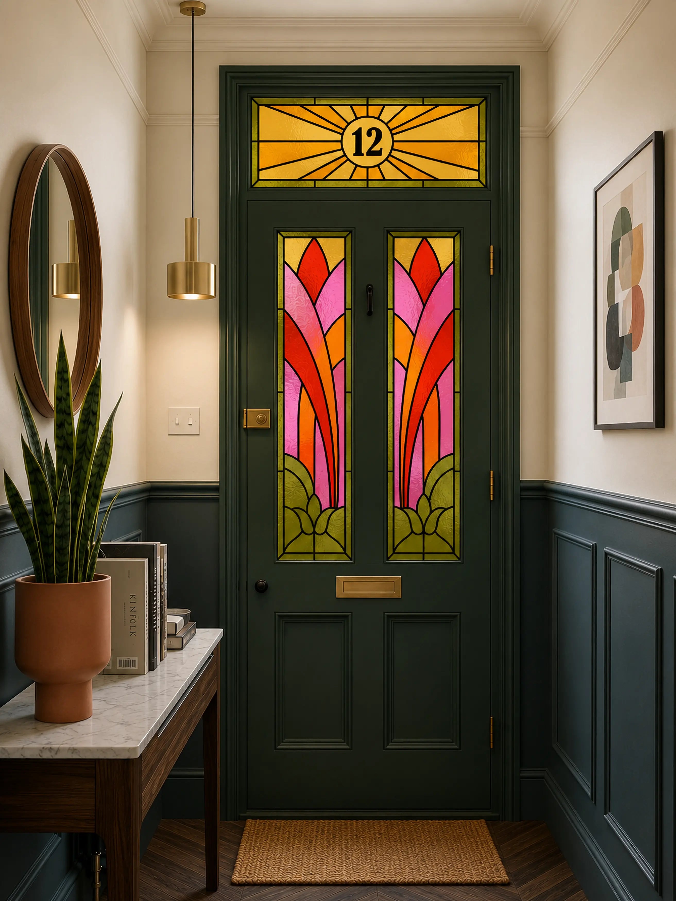 Art Deco Flame Stained Glass Front Door Window Film Set