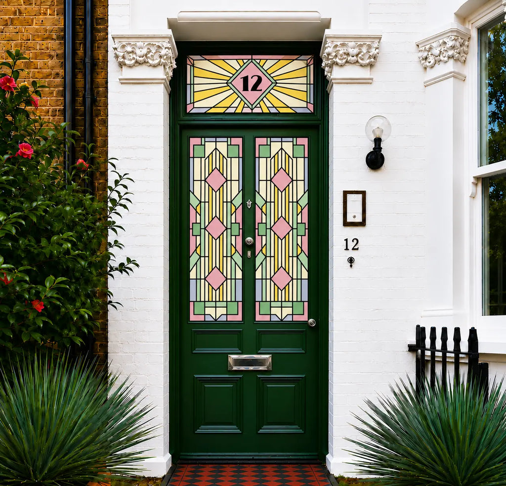 Art Deco front door privacy window film with pastel stained glass geometric design