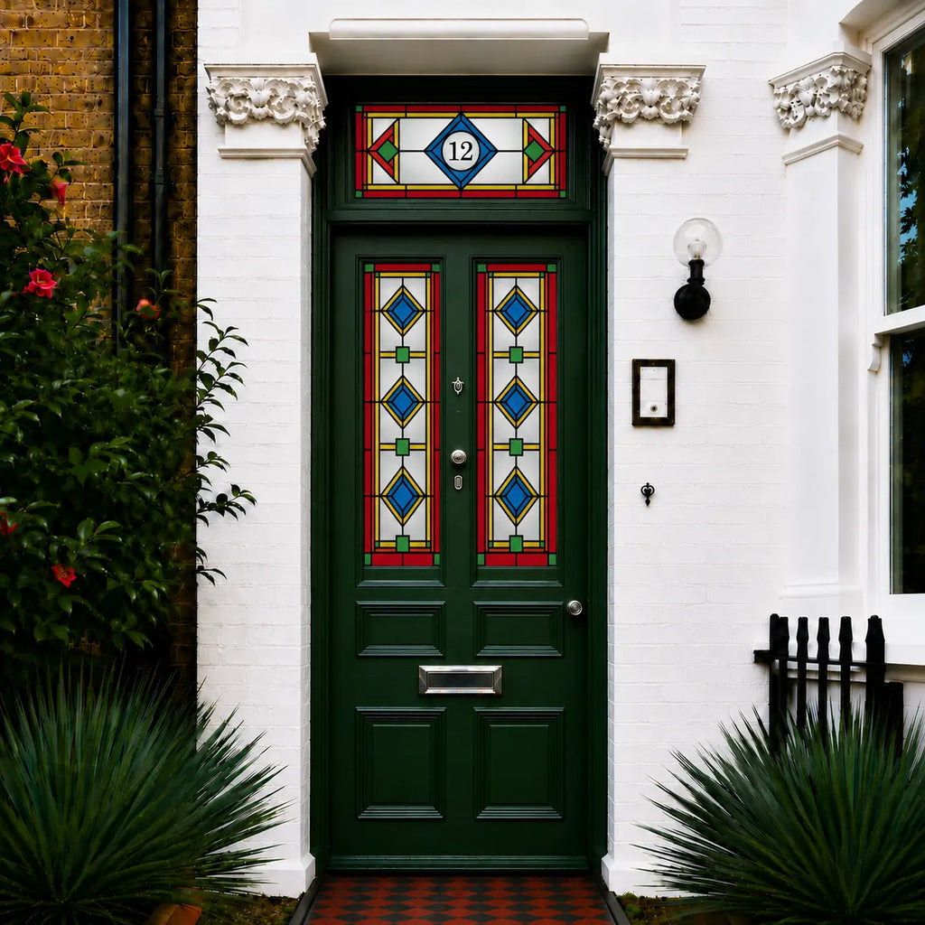 Art Deco stained glass window film on a green front door with matching side panels and transom window