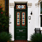 Art Deco stained glass window film on a green front door with matching side panels and transom window