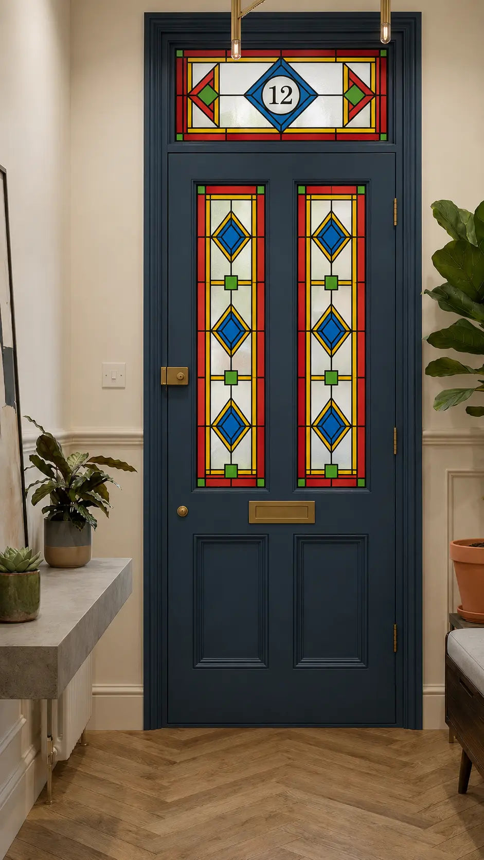Decorative Art Deco privacy window film viewed from inside a hallway with colourful stained glass effect