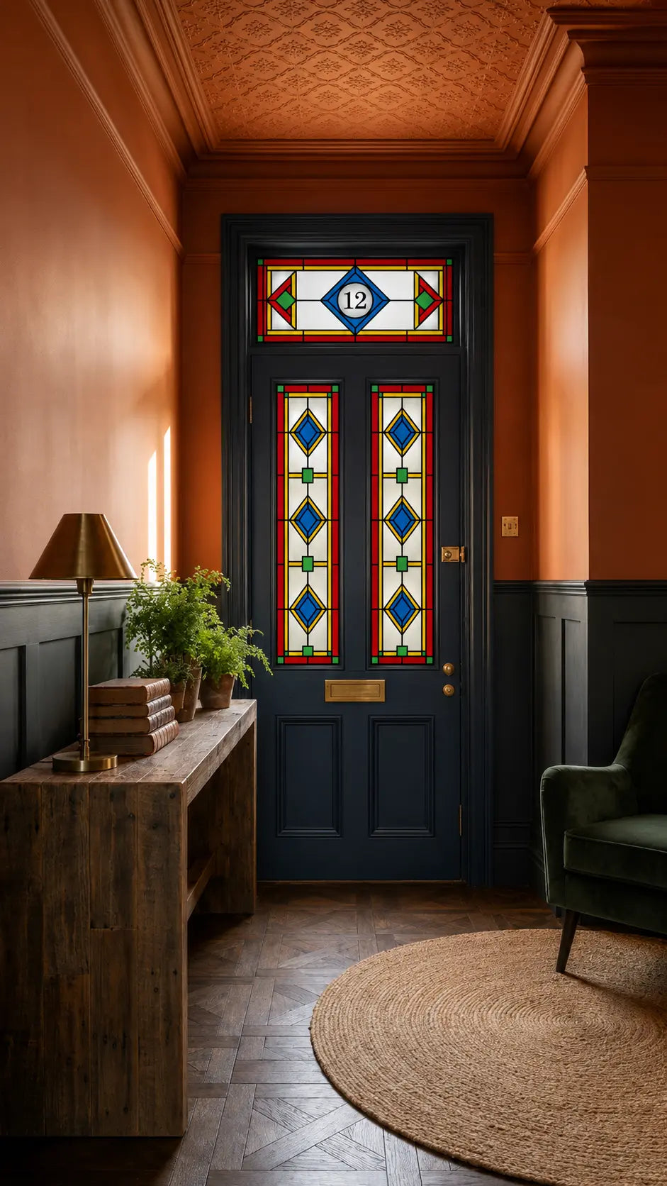 Made to measure Art Deco stained glass window film for front door, sidelights and transom