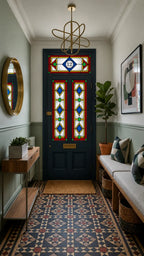 Geometric Art Deco stained glass effect window film with blue, red, green and yellow diamond design