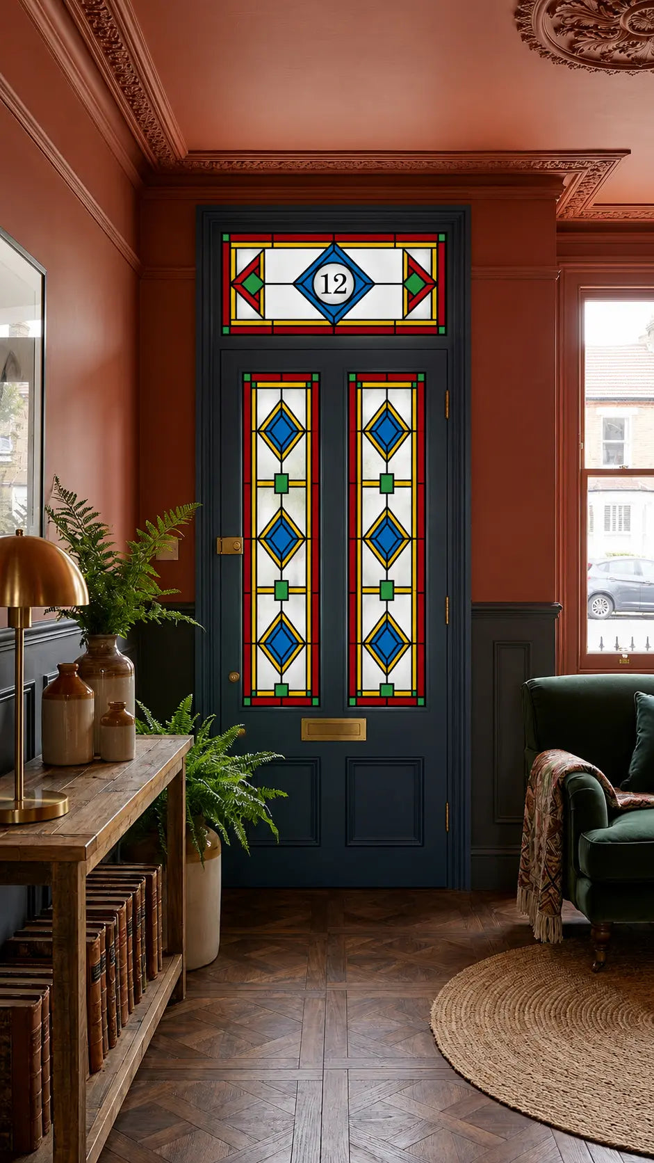 Art Deco front door stained glass window film creating privacy while allowing natural light into the entrance