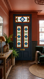 Art Deco front door stained glass window film creating privacy while allowing natural light into the entrance
