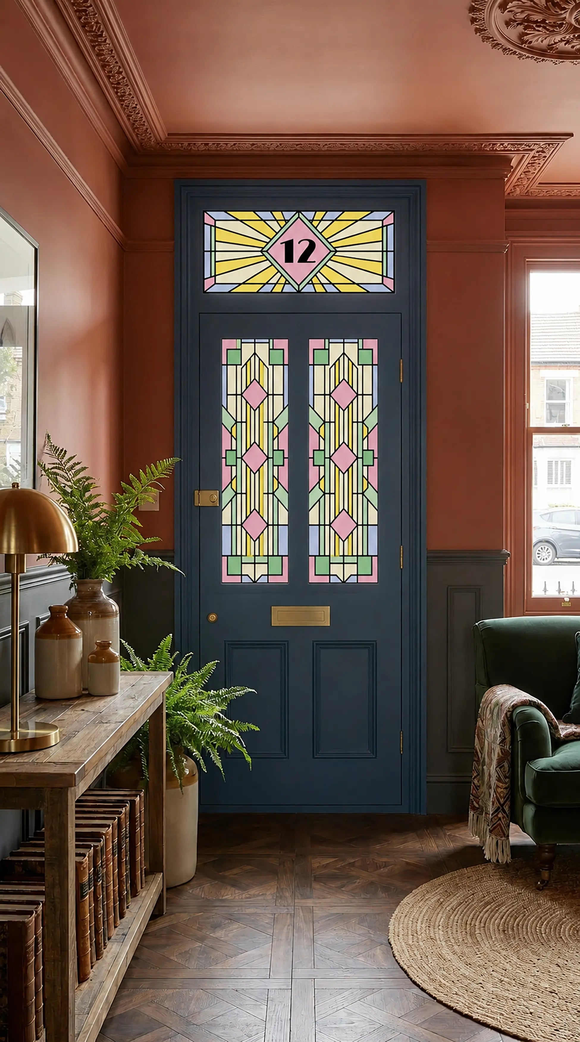 Pastel stained glass front door window film with geometric design
