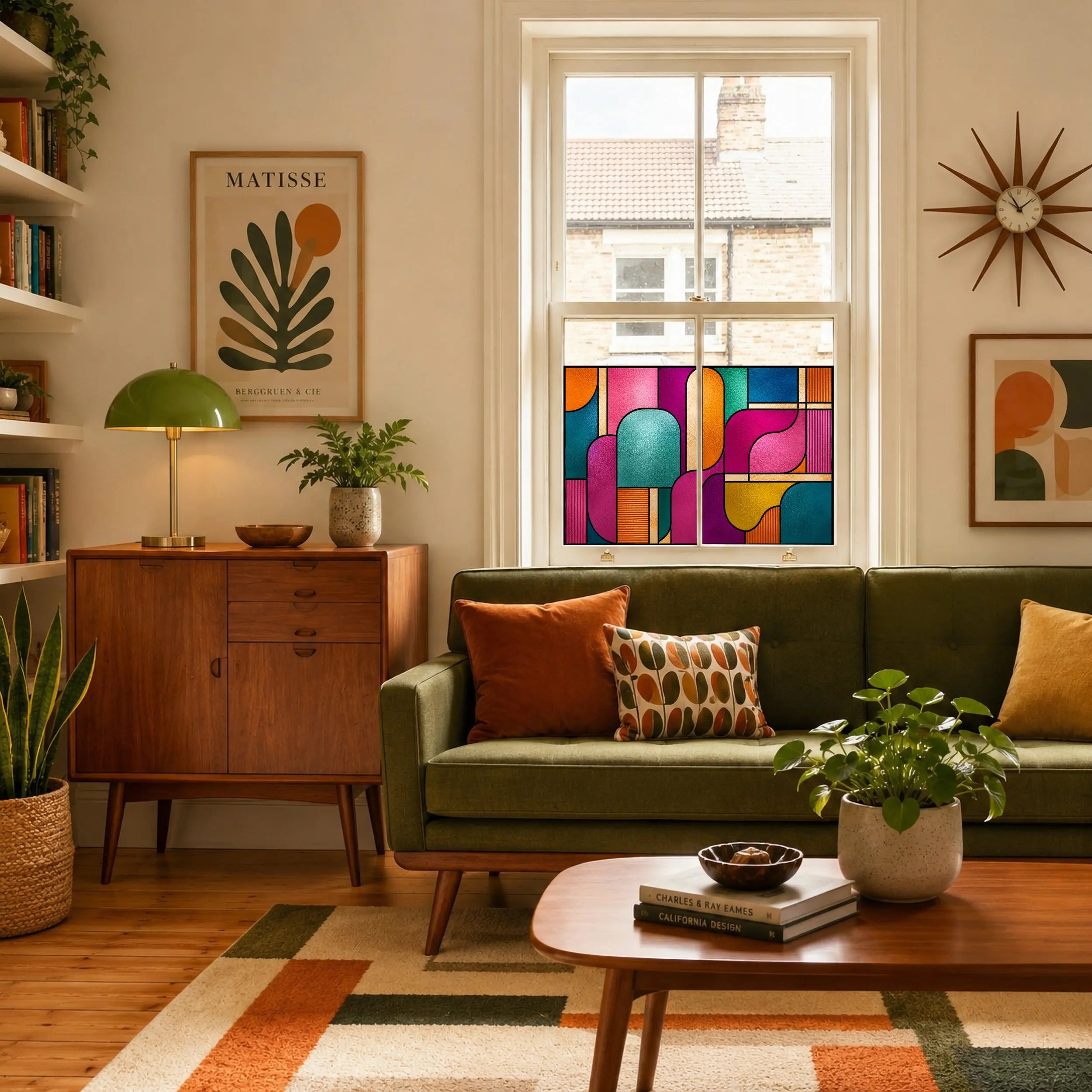 Retro Stained Glass Window Film – Bold Geometric Privacy Design