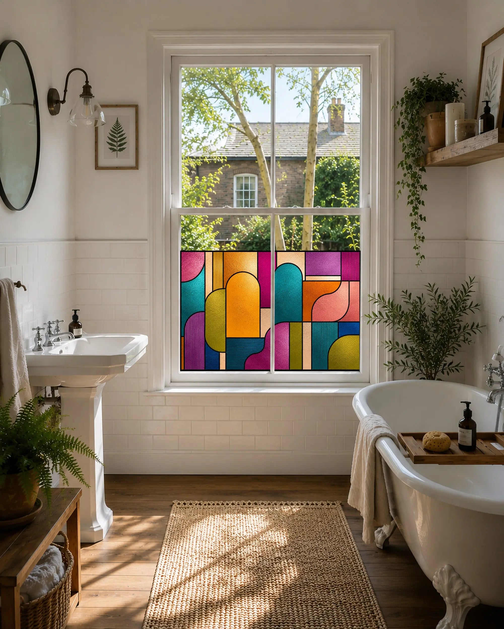 Mid Century Stained Glass Window Film – Colourful Geometric Privacy Film