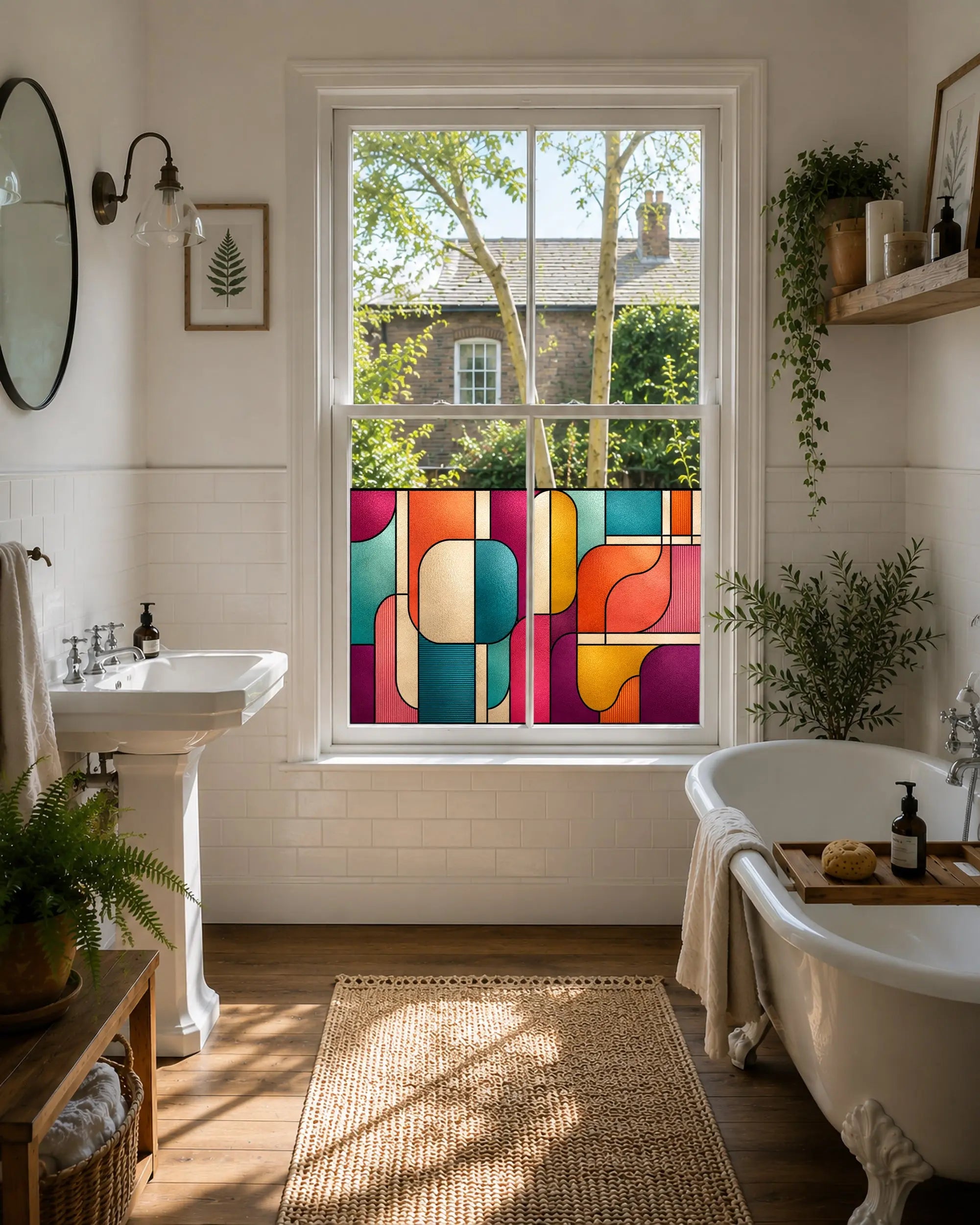 Retro Geometric Stained Glass Window Film, Colourful Privacy Window Film