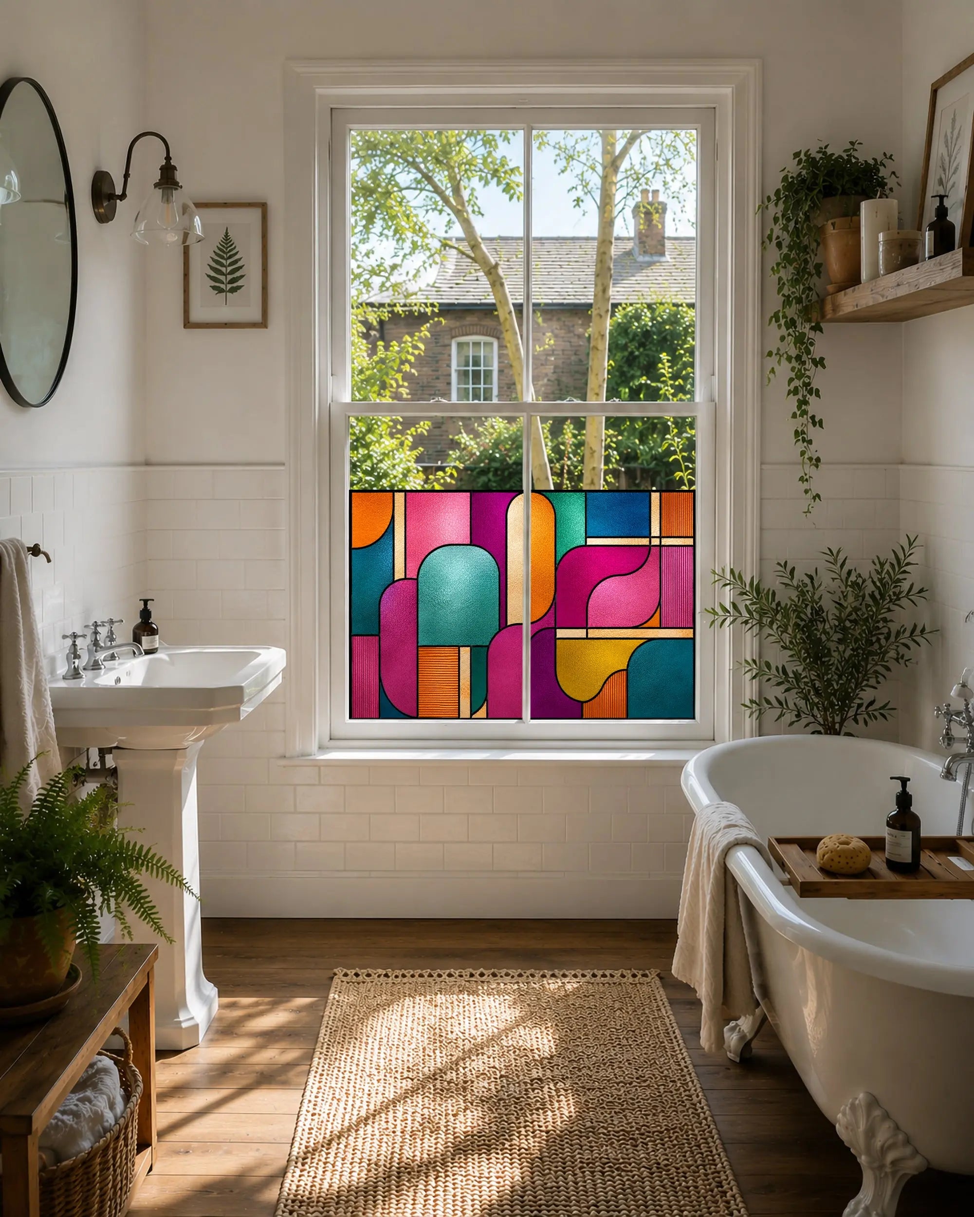 Retro Stained Glass Window Film – Bold Geometric Privacy Design