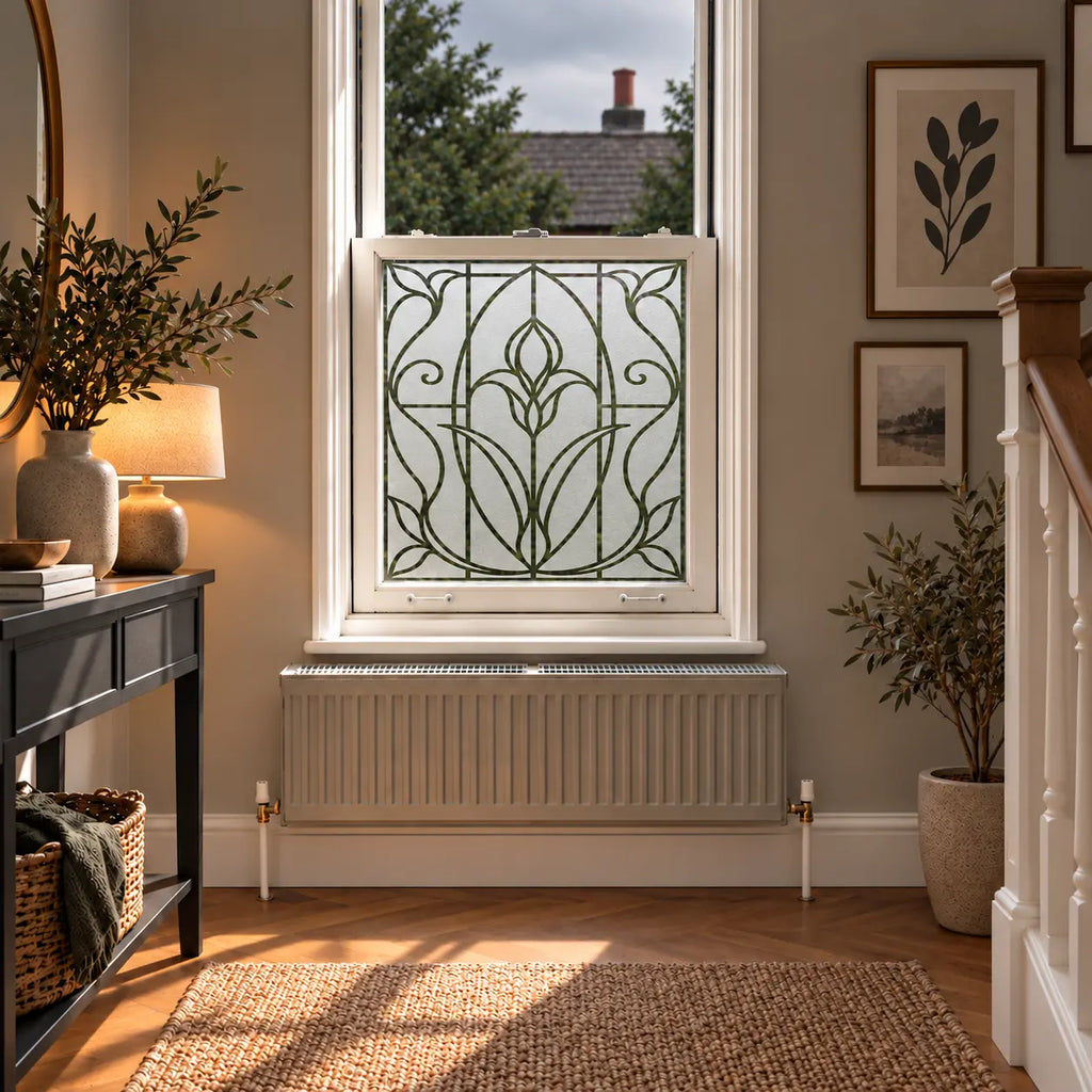 Privacy Window Film, Frosted Art Nouveau Tulip Design