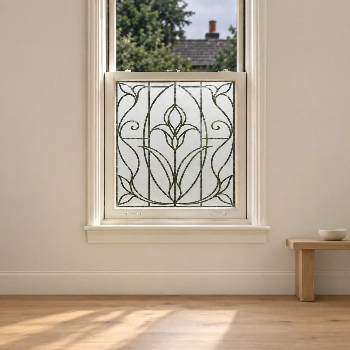 Privacy Window Film, Frosted Art Nouveau Tulip Design