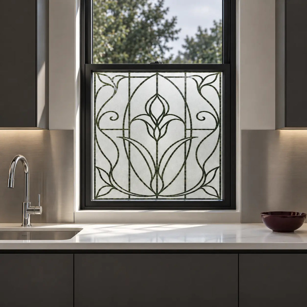 Privacy Window Film, Frosted Art Nouveau Tulip Design