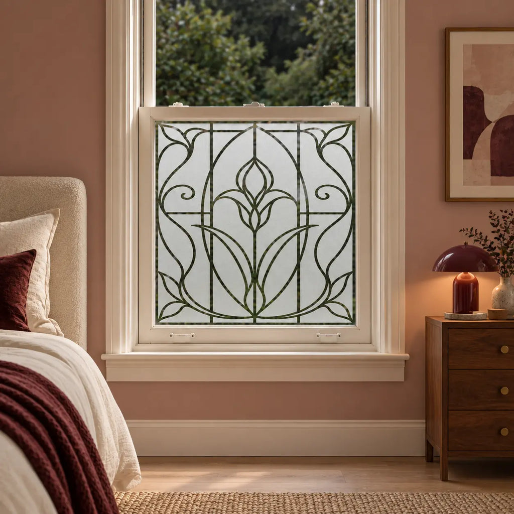 Privacy Window Film, Frosted Art Nouveau Tulip Design