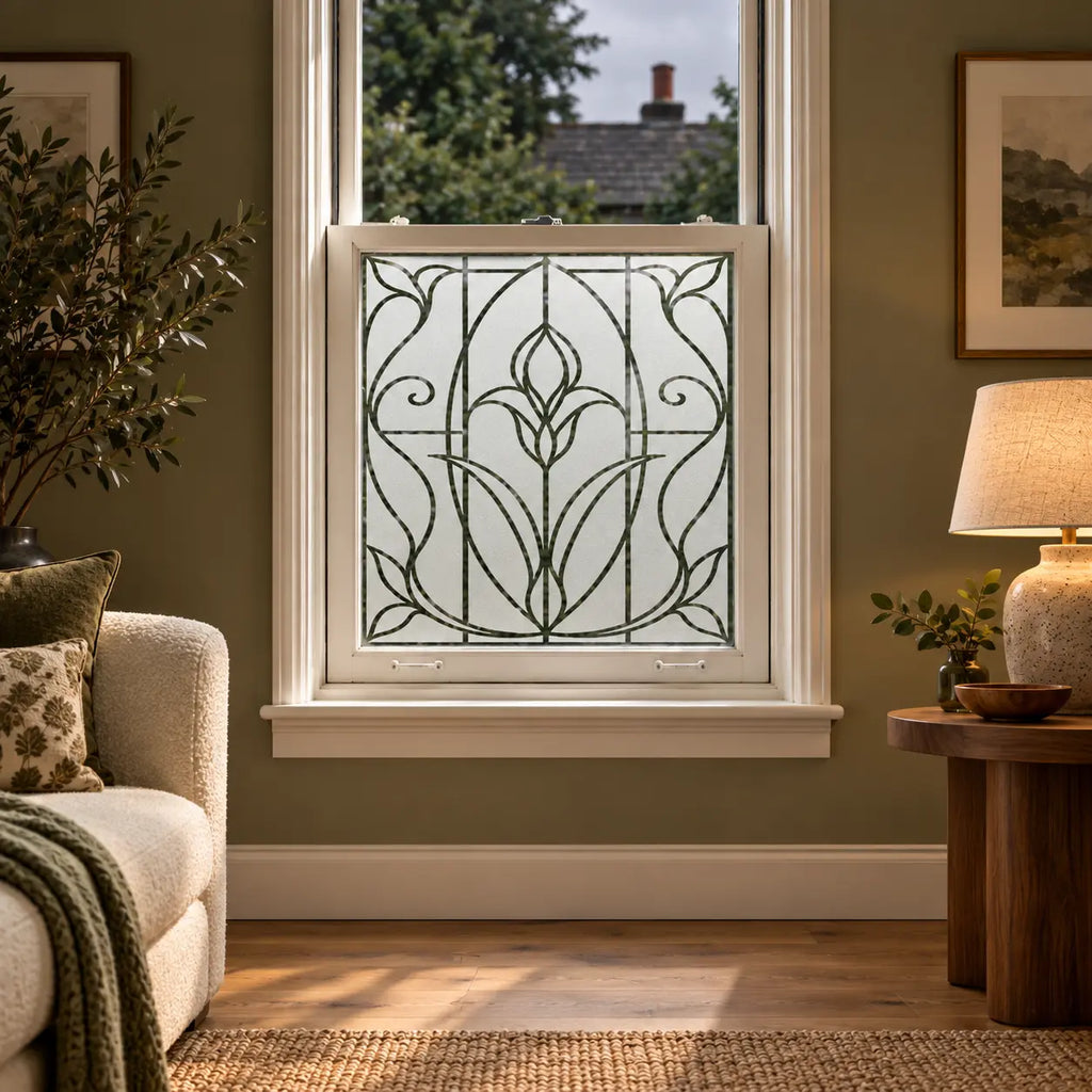 Privacy Window Film, Frosted Art Nouveau Tulip Design