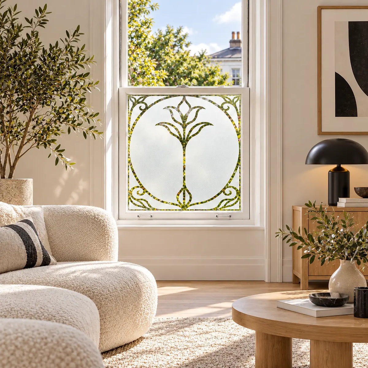 Privacy Window Film, Art Nouveau Frosted Glass Floral Design