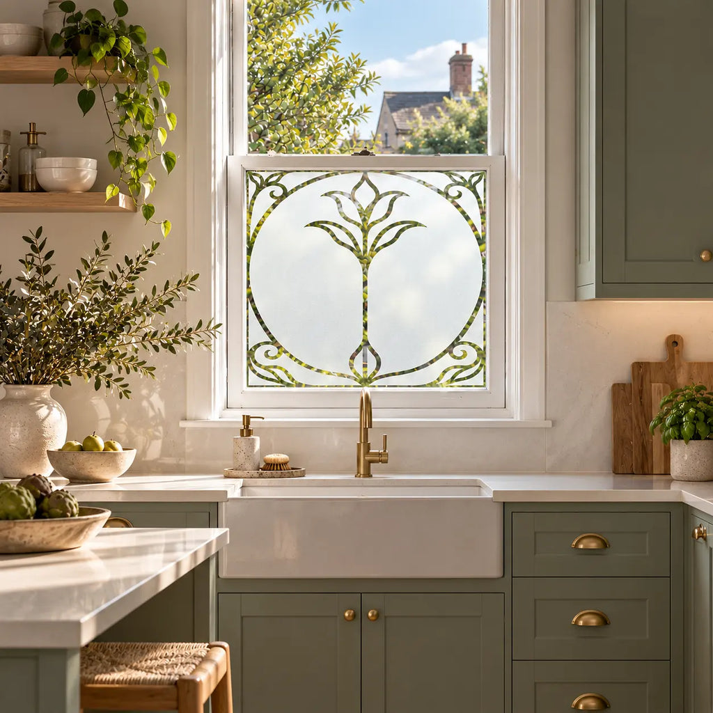 Privacy Window Film, Art Nouveau Frosted Glass Floral Design