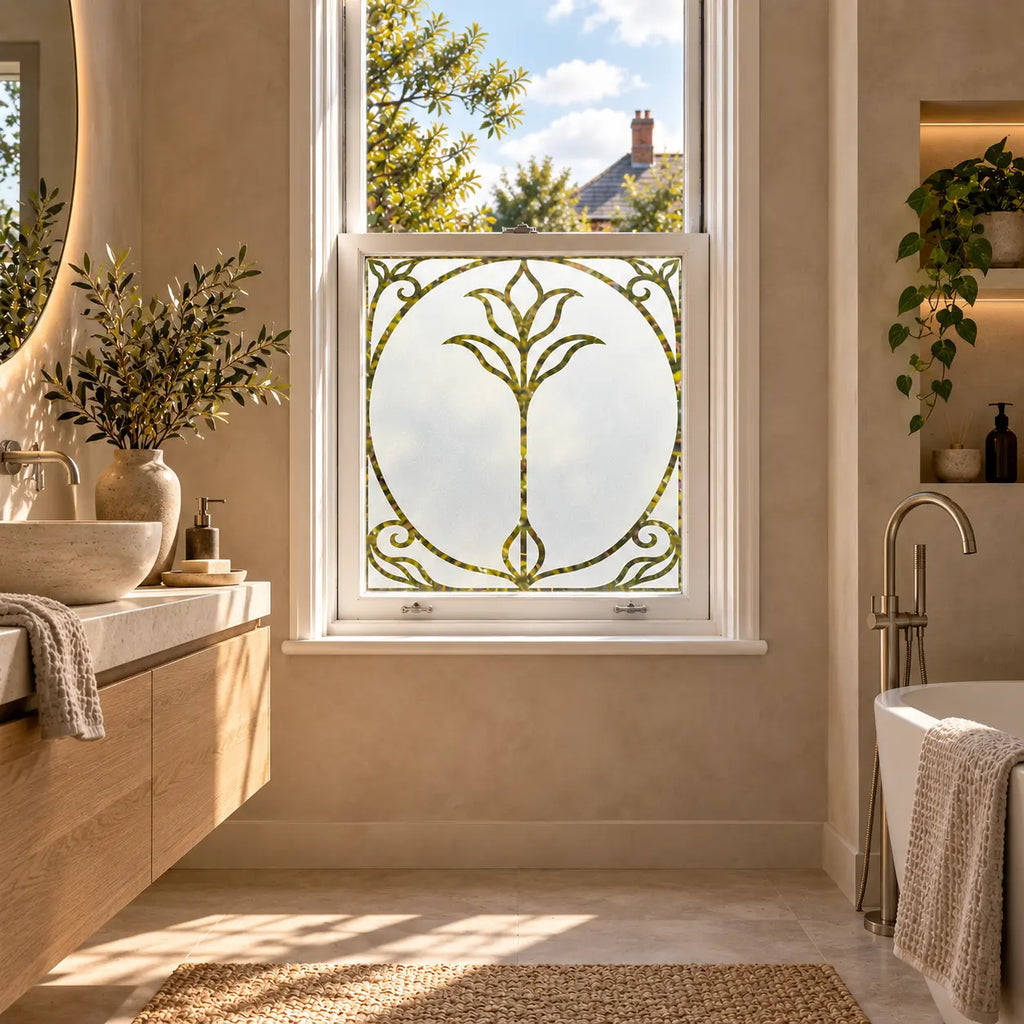Privacy Window Film, Art Nouveau Frosted Glass Floral Design