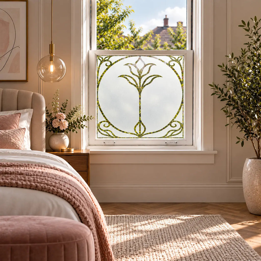 Privacy Window Film, Art Nouveau Frosted Glass Floral Design