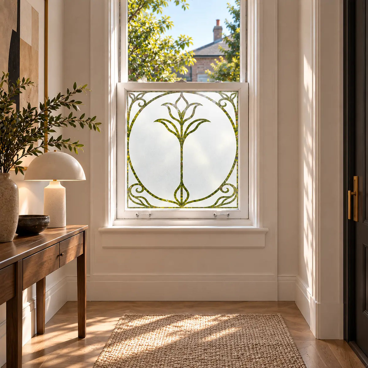 Privacy Window Film, Art Nouveau Frosted Glass Floral Design