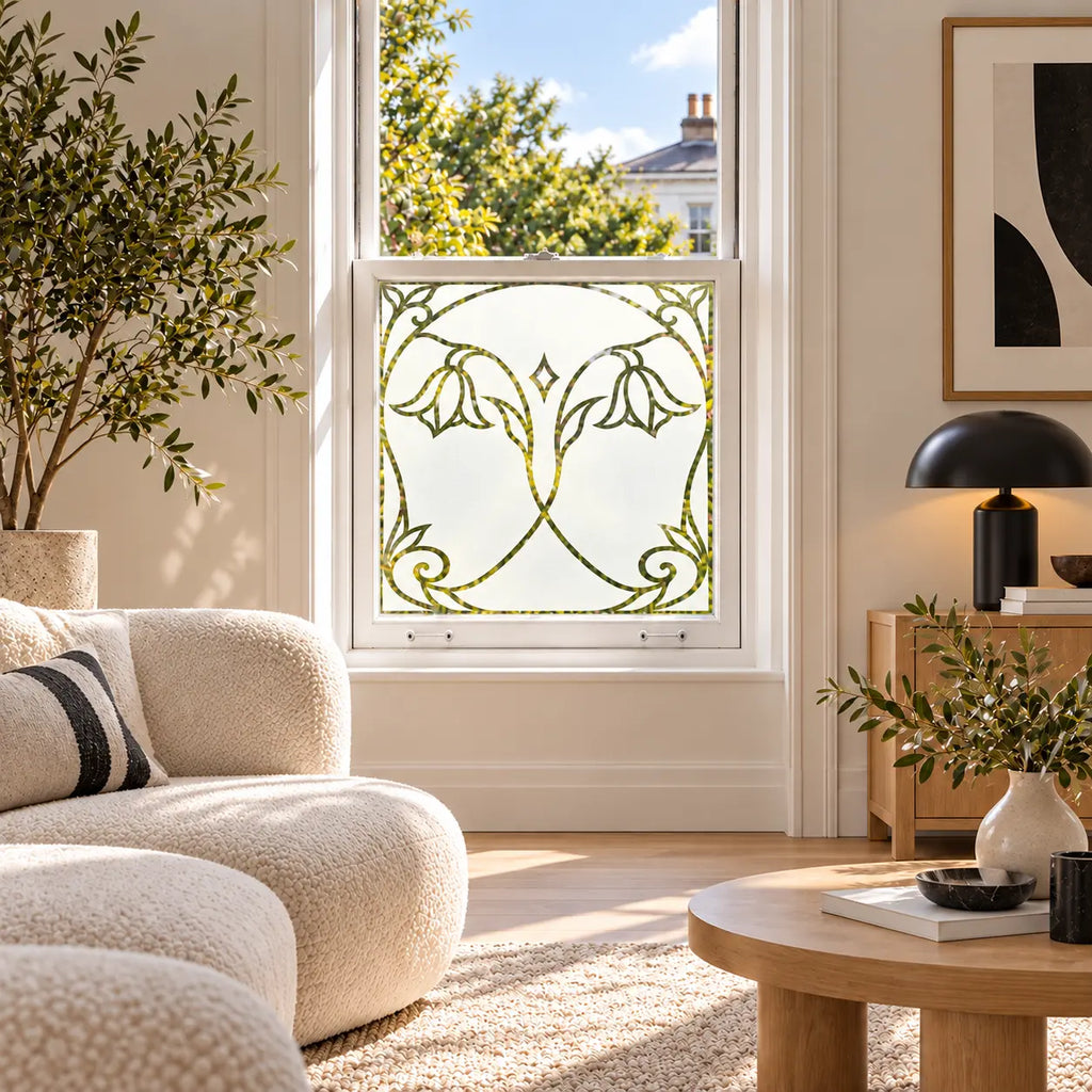 Privacy Window Film, Art Nouveau Floral Frosted Glass Design