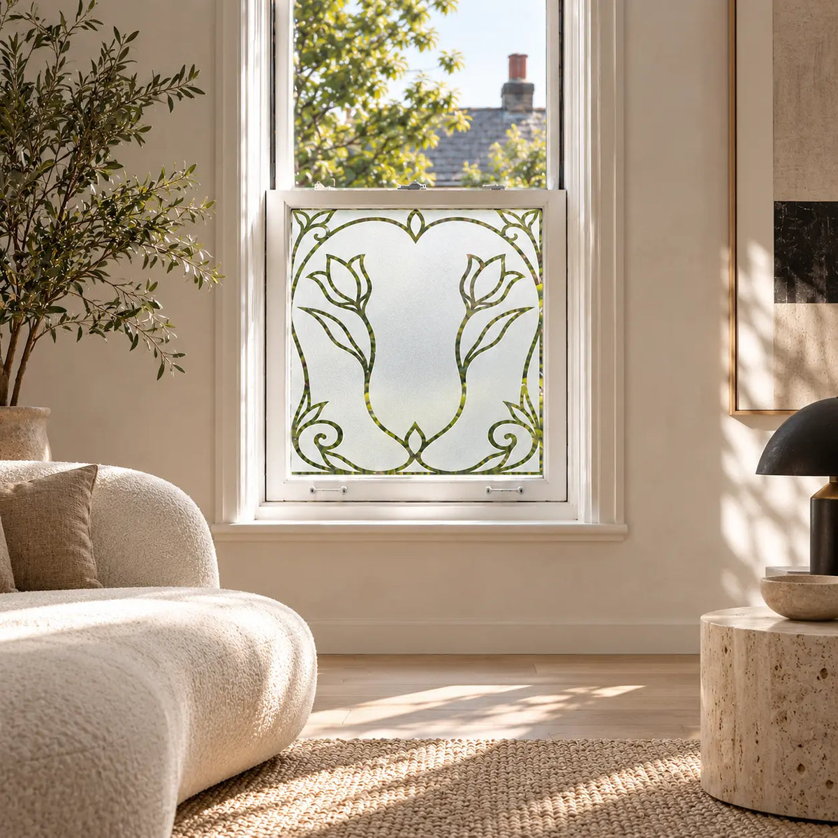 Privacy Window Film, Art Nouveau Tulip Frosted Design