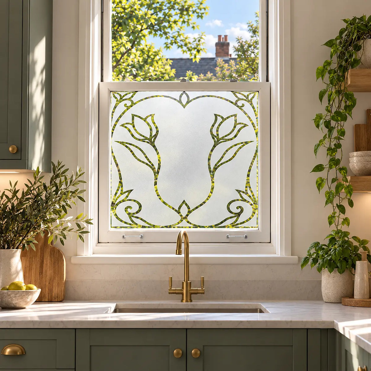 Privacy Window Film, Art Nouveau Tulip Frosted Design