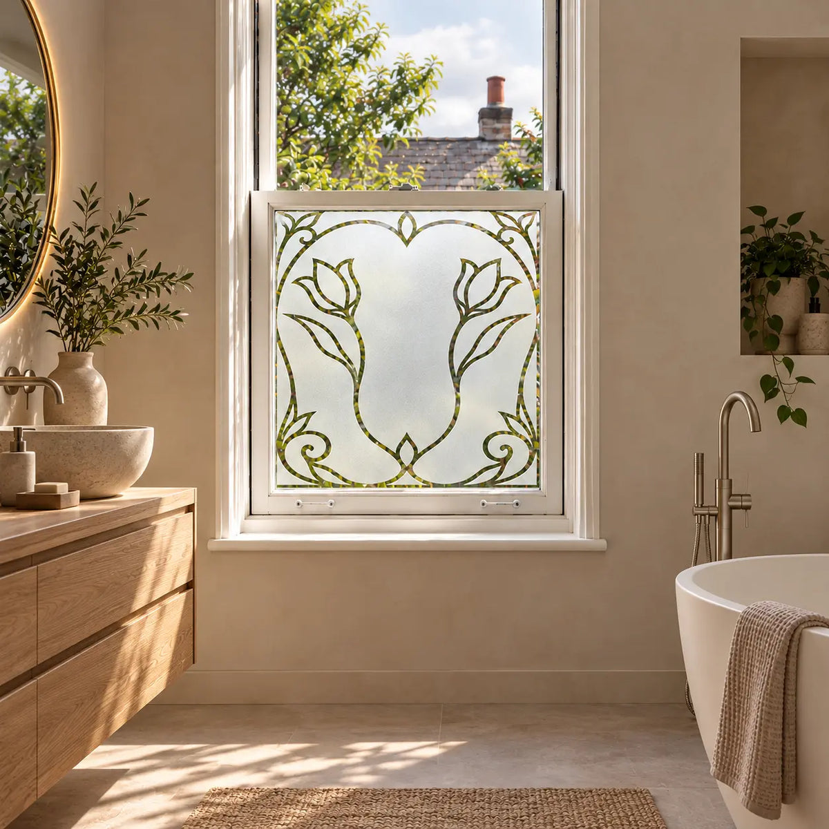 Privacy Window Film, Art Nouveau Tulip Frosted Design