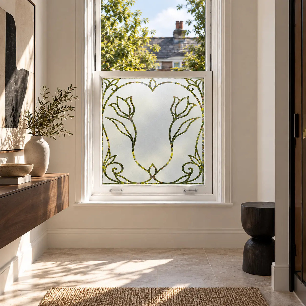 Privacy Window Film, Art Nouveau Tulip Frosted Design