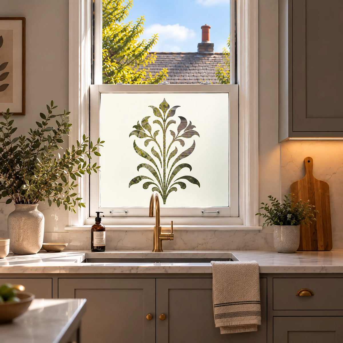 Privacy Window Film, Art Nouveau Leaf Frosted Design