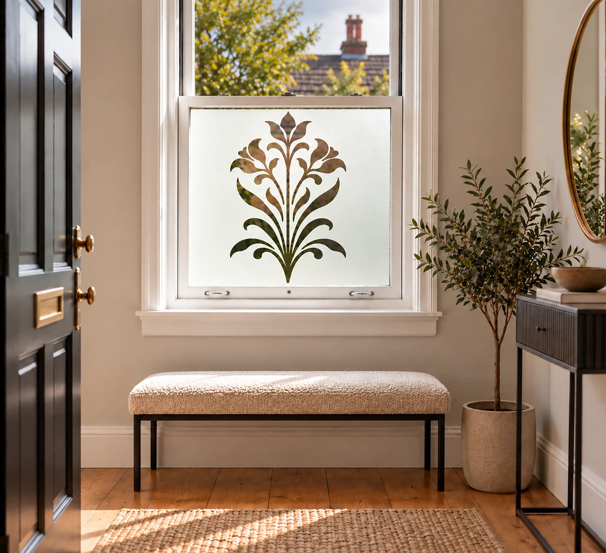 Privacy Window Film, Art Nouveau Leaf Frosted Design
