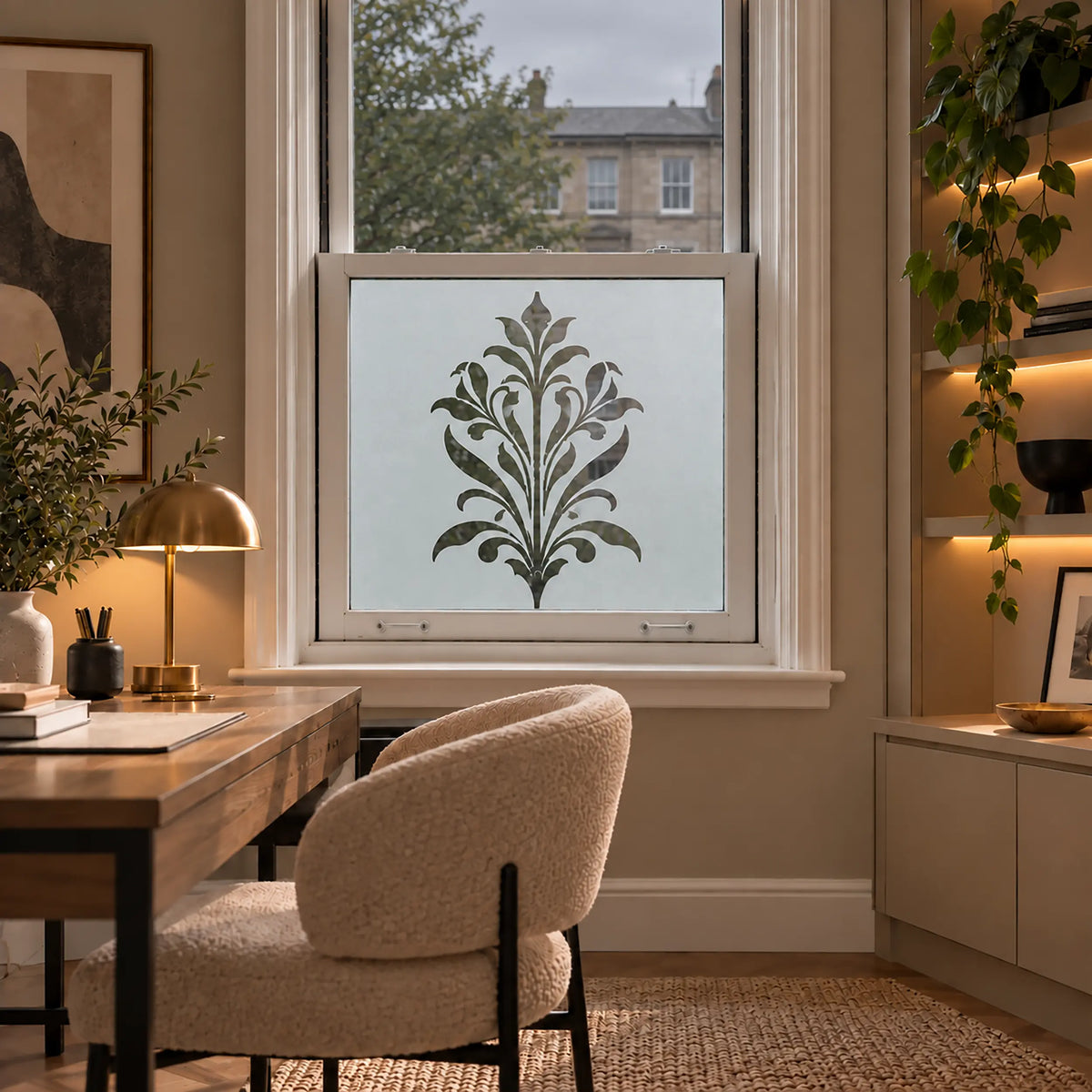 Privacy Window Film, Art Nouveau Leaf Frosted Design