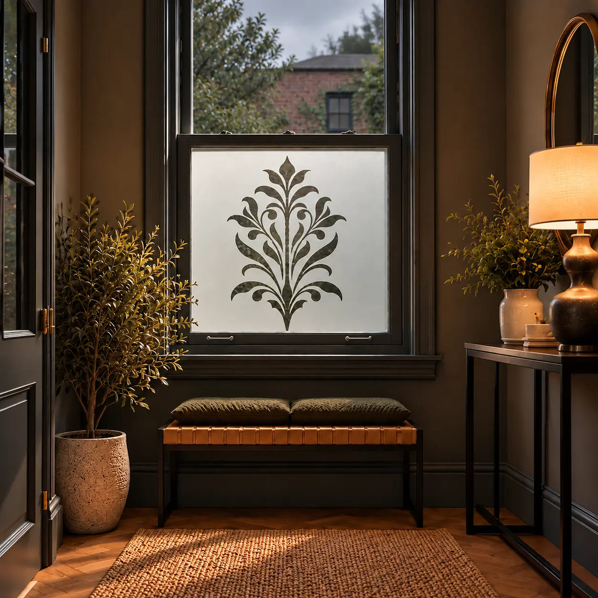 Privacy Window Film, Art Nouveau Leaf Frosted Design