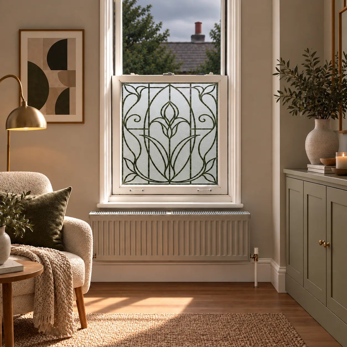 Privacy Window Film, Frosted Art Nouveau Tulip Design