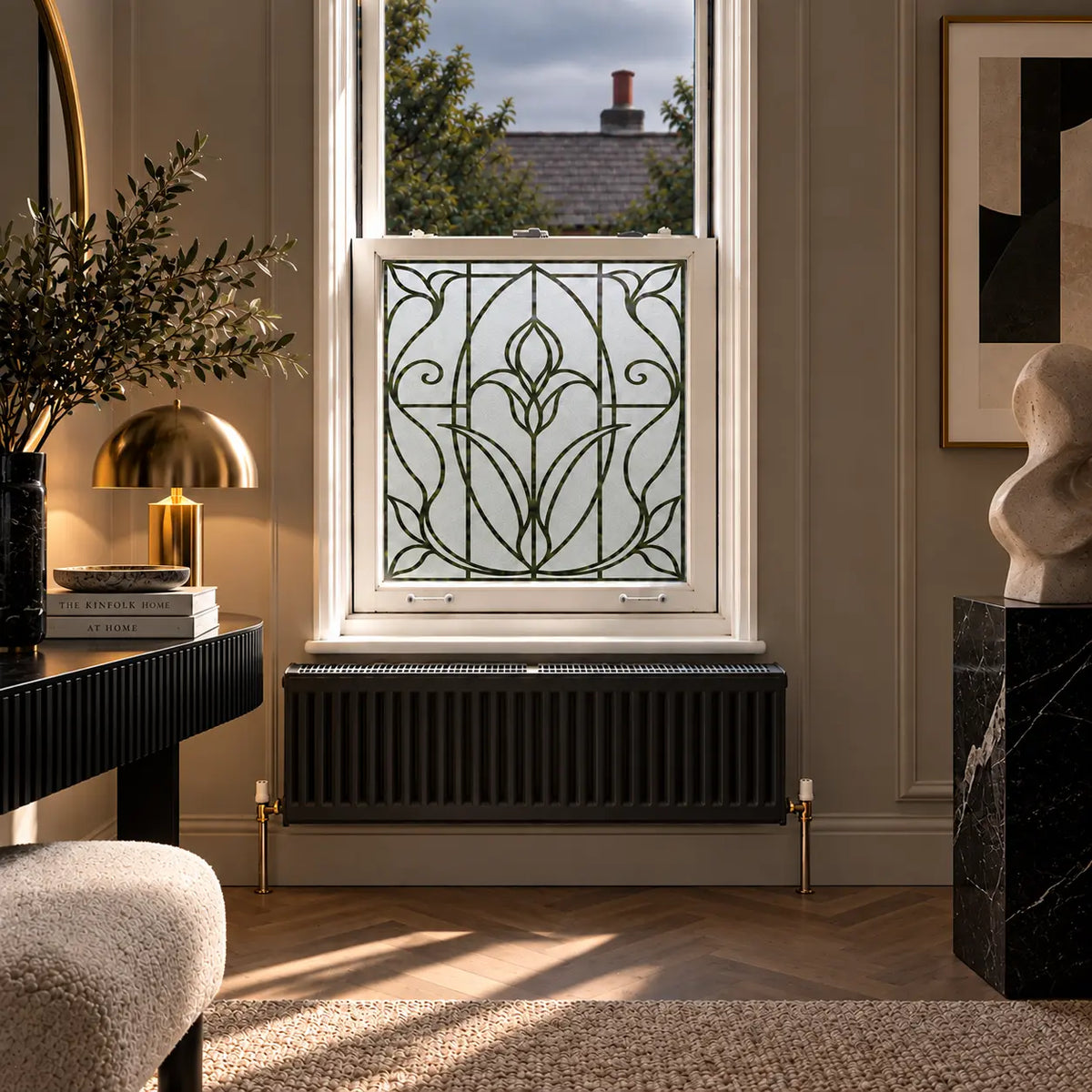 Privacy Window Film, Frosted Art Nouveau Tulip Design
