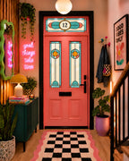 Privacy Window Film Stained Glass Front Door Turquoise and Coral