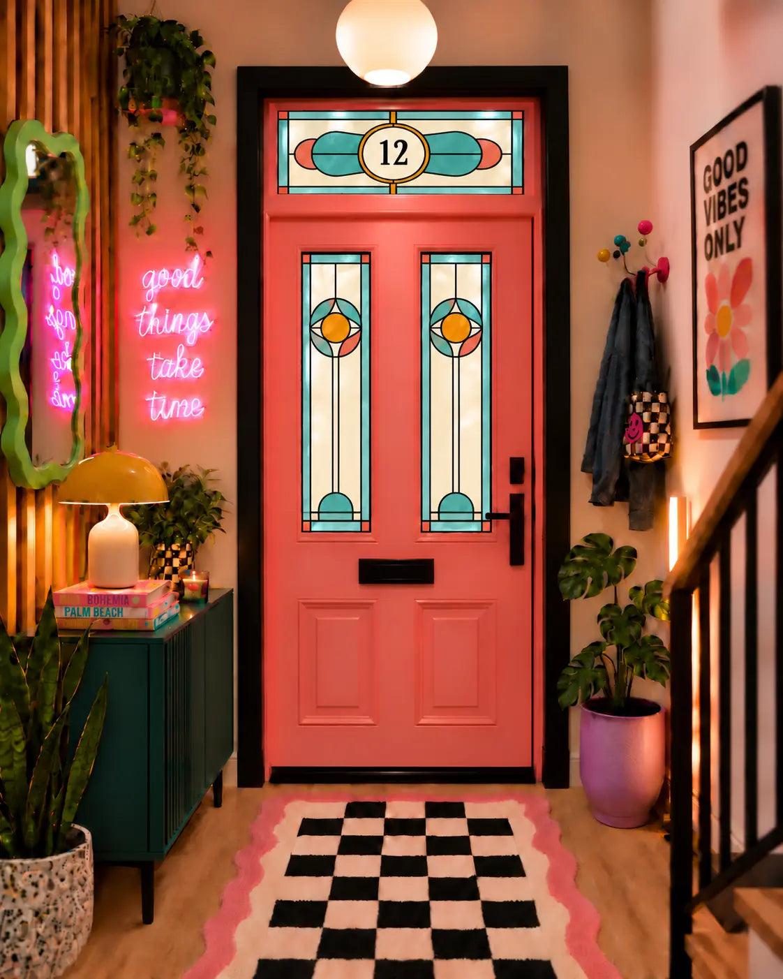 Privacy Window Film Stained Glass Front Door Turquoise and Coral