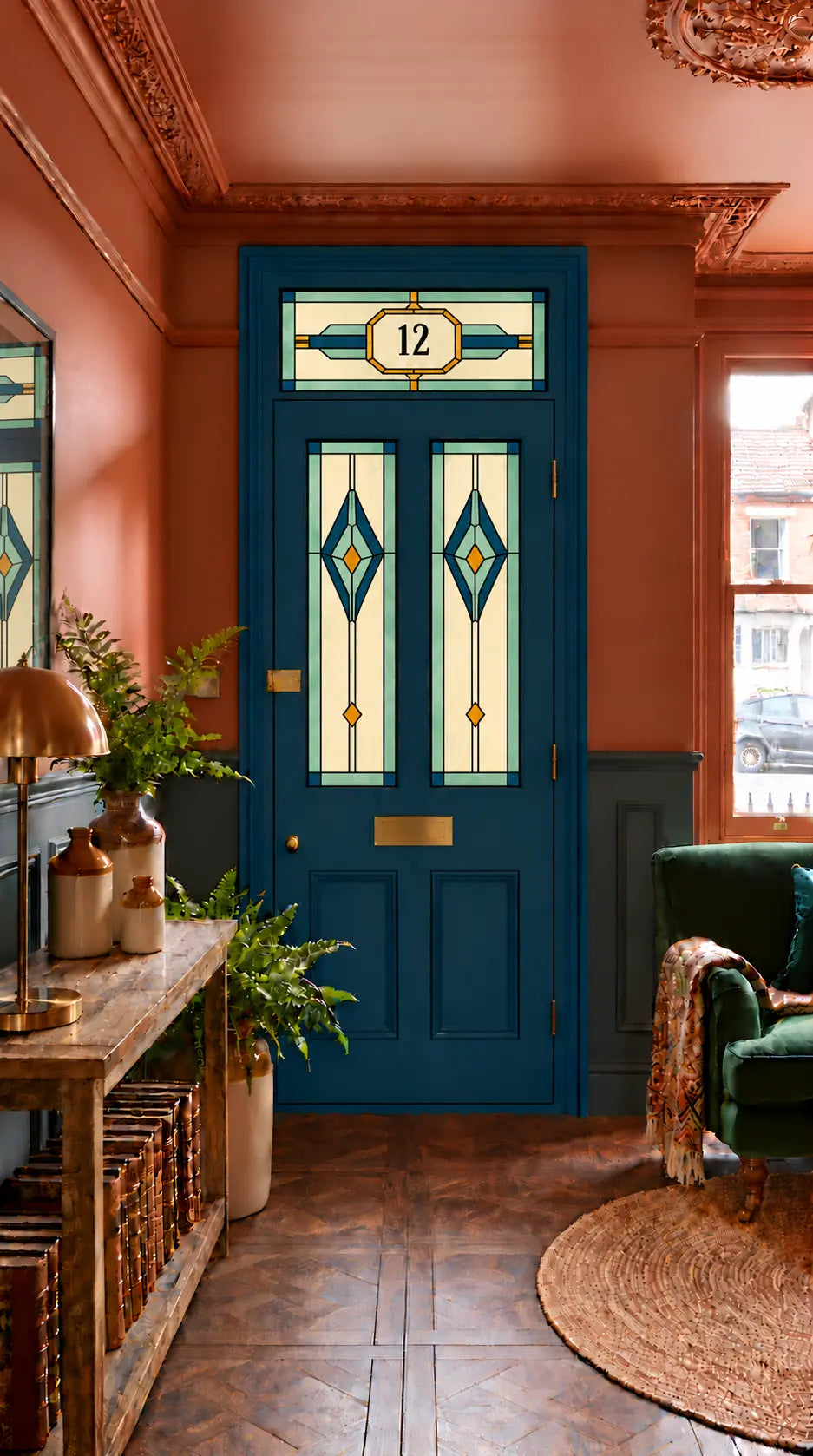 Privacy Window Film Art Deco Teal Diamond Door Panels and Transom