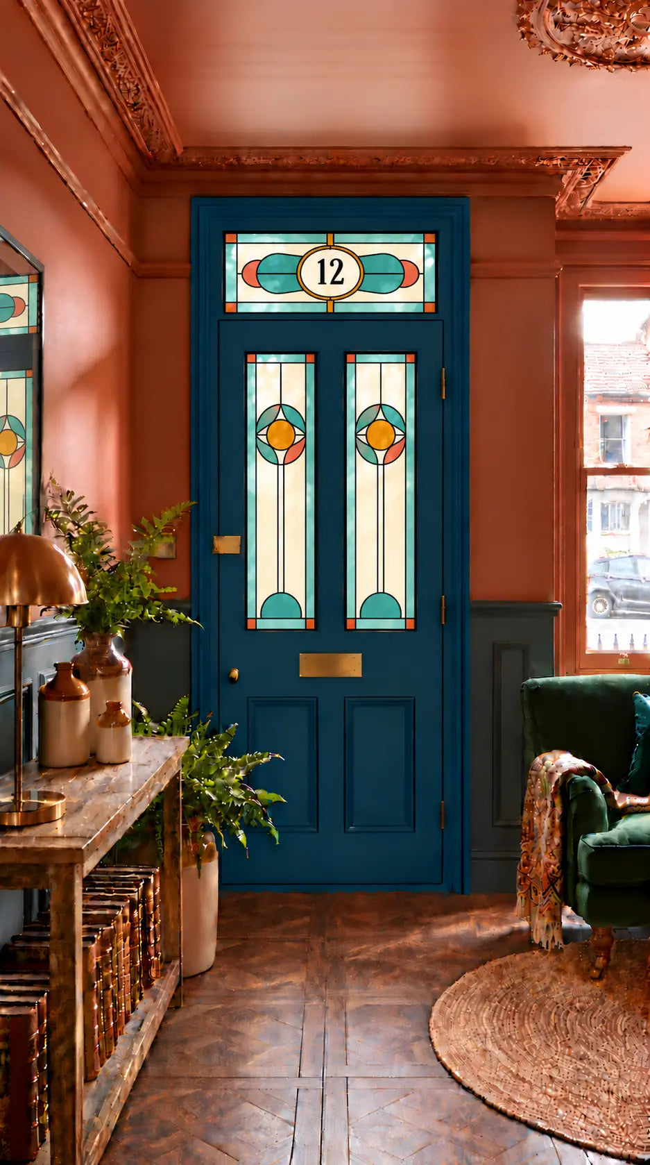 Privacy Window Film Stained Glass Front Door Turquoise and Coral