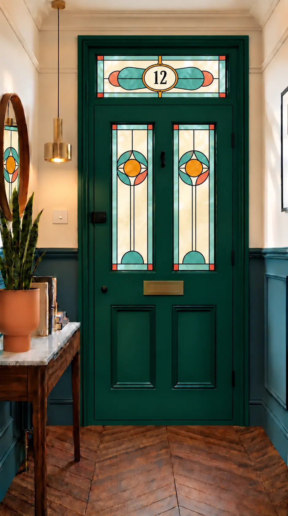 Privacy Window Film Stained Glass Front Door Turquoise and Coral