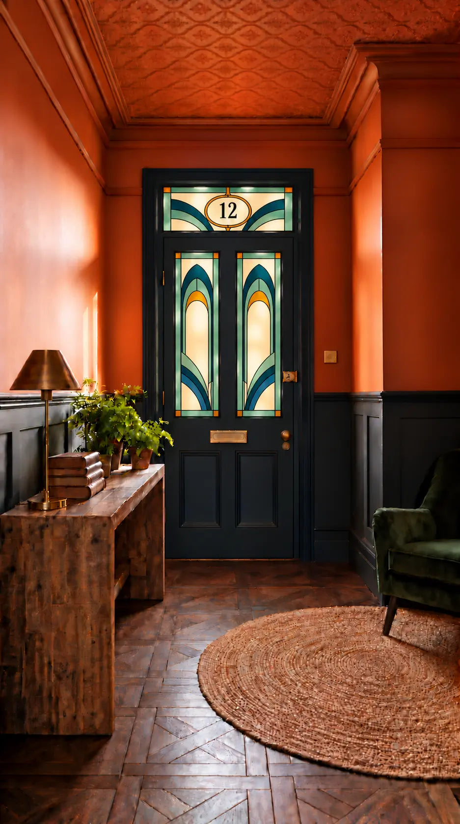 Privacy Window Film Art Deco Teal and Amber Door Panels and Transom