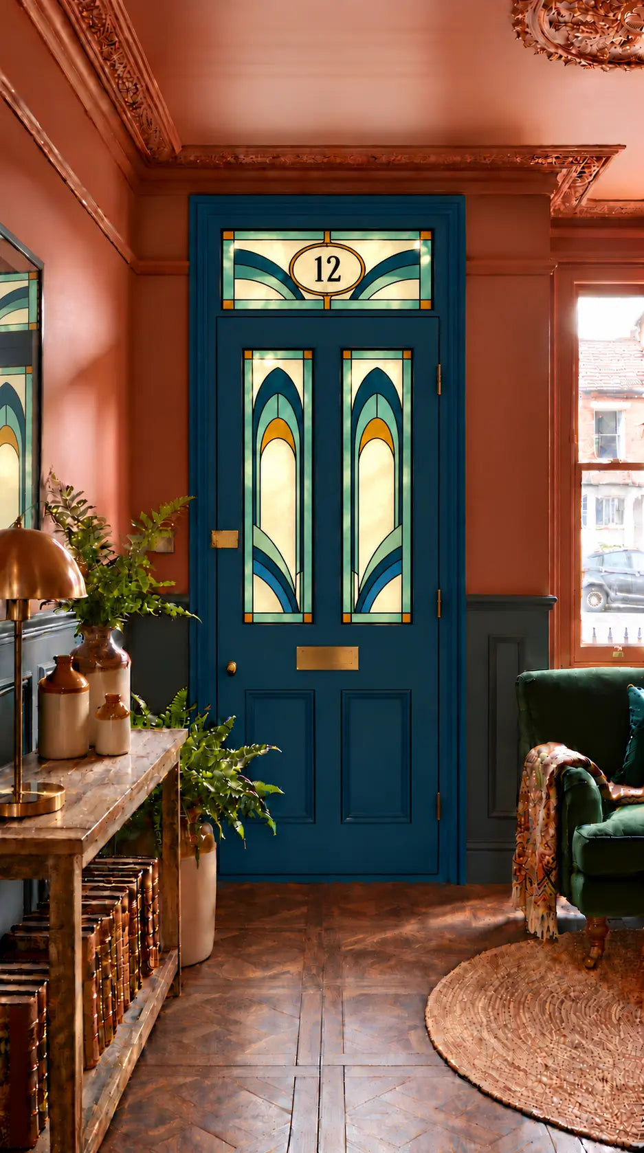 Privacy Window Film Art Deco Teal and Amber Door Panels and Transom