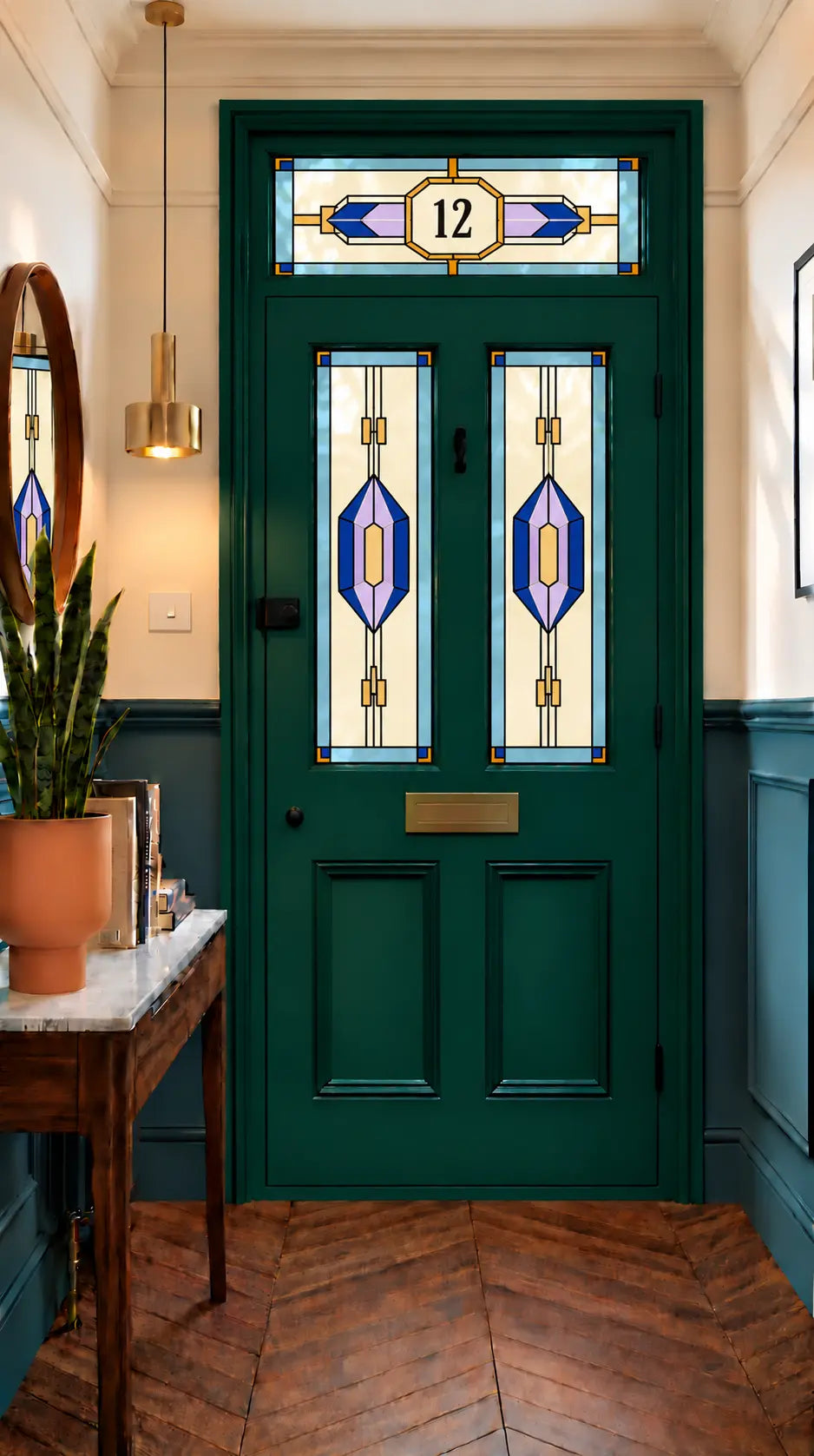 Privacy Window Film Stained Glass Sapphire Door Panels and Transom