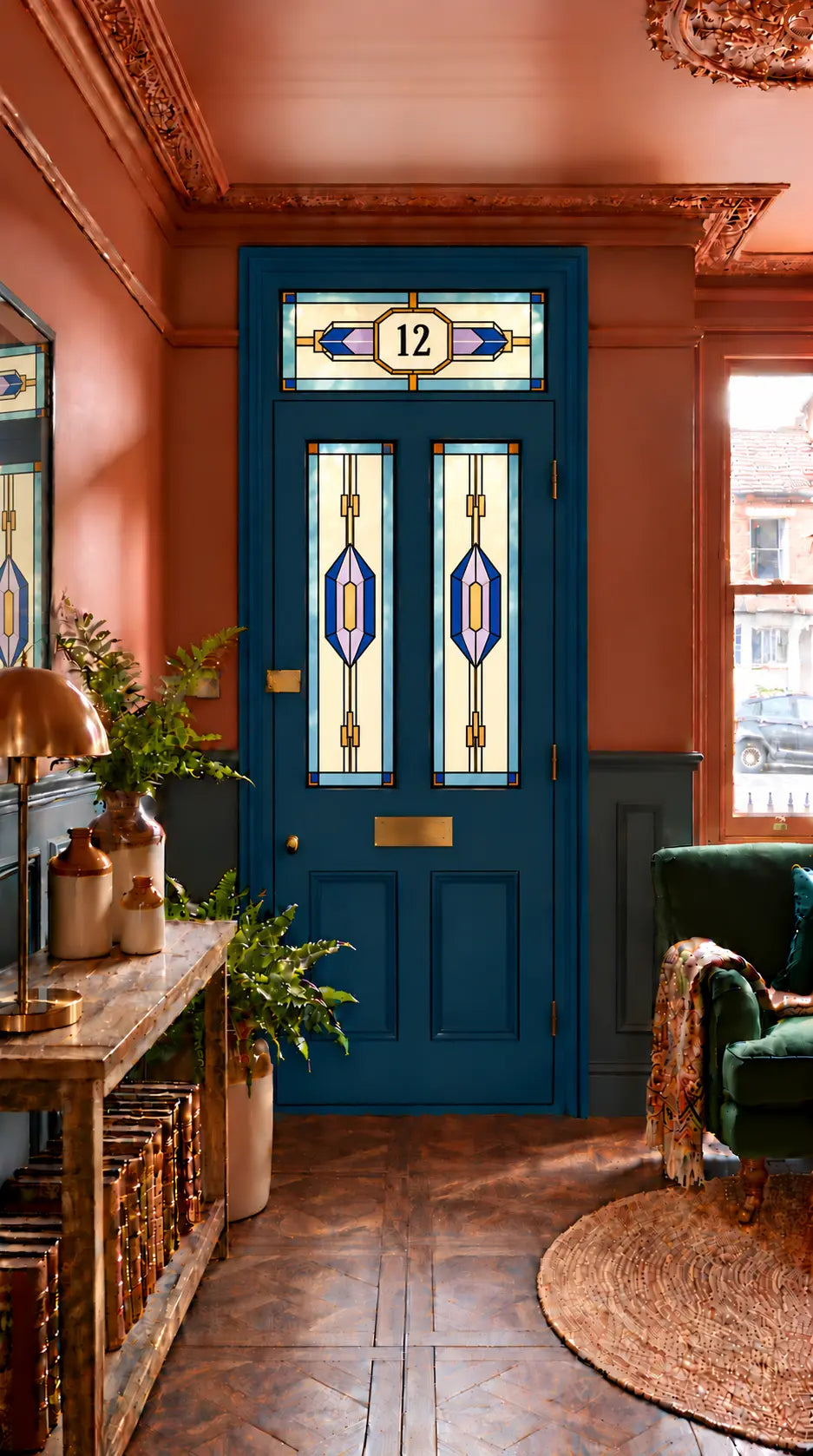 Privacy Window Film Stained Glass Sapphire Door Panels and Transom